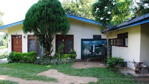 A building with a blue roof, a large tree in front, and a mural on the wall. - Relaxed Style of Stay (Kandy)