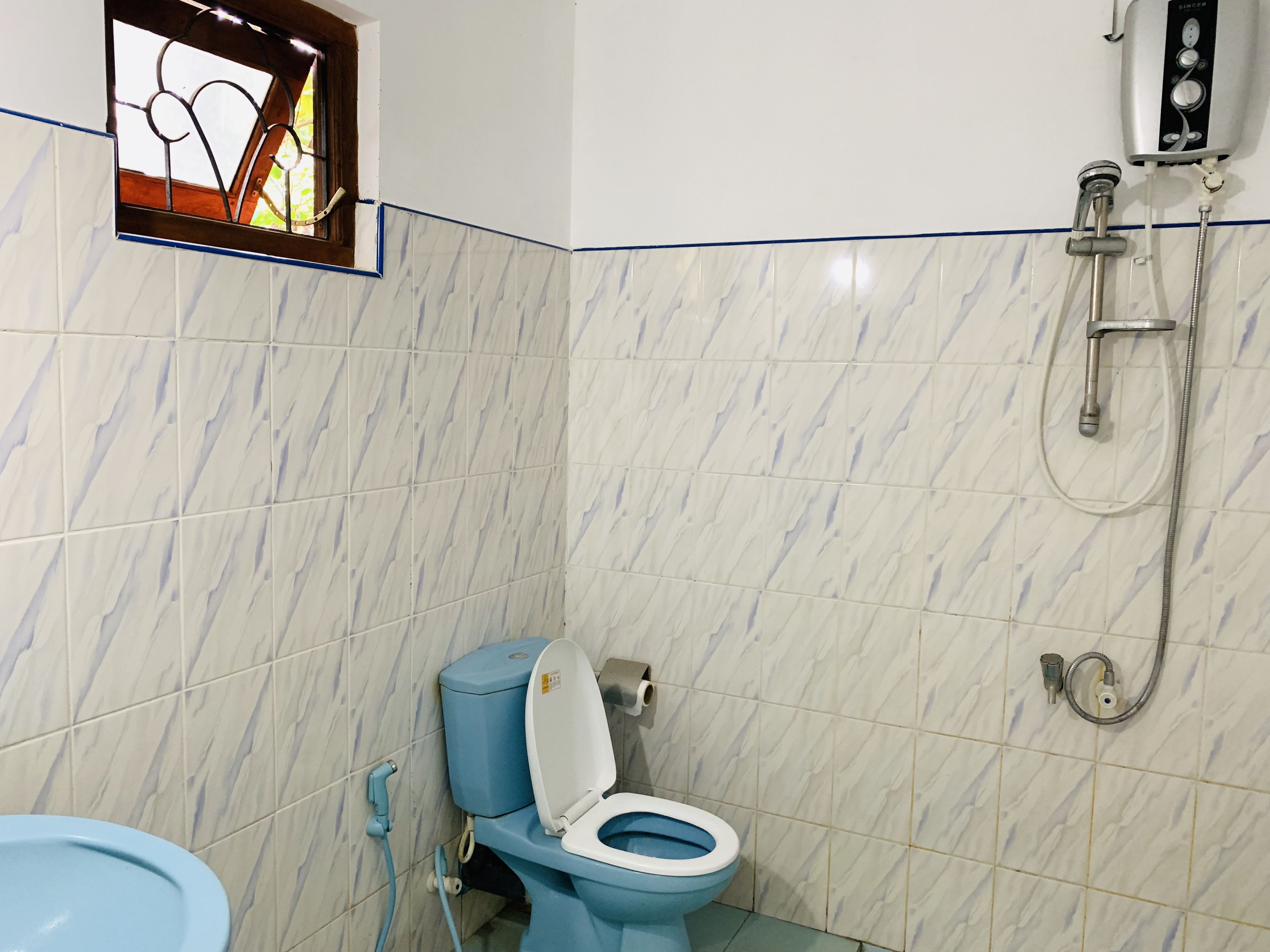 A bathroom with a toilet, a blue sink, and a shower.