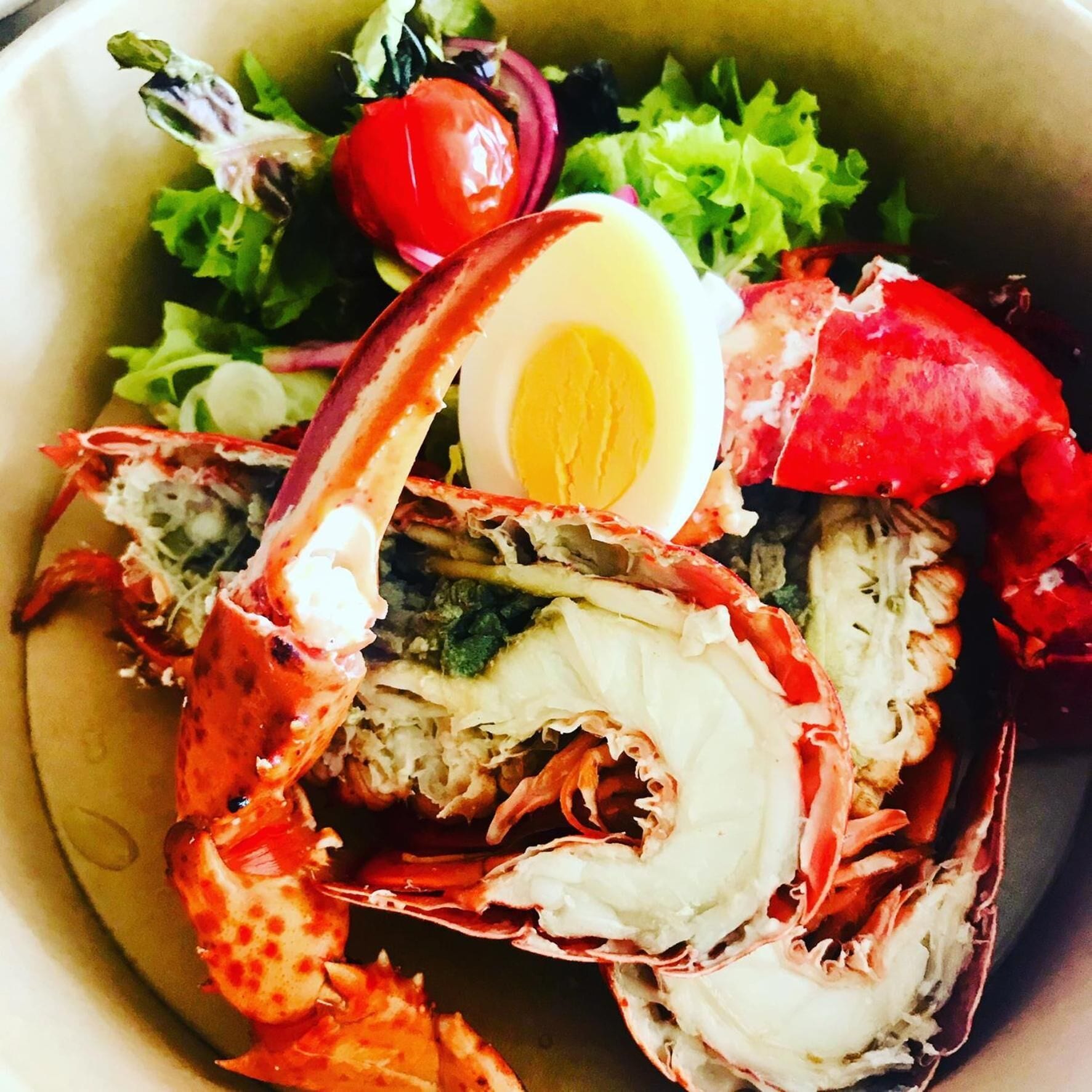 A lobster tail with a boiled egg on a bed of greens.
