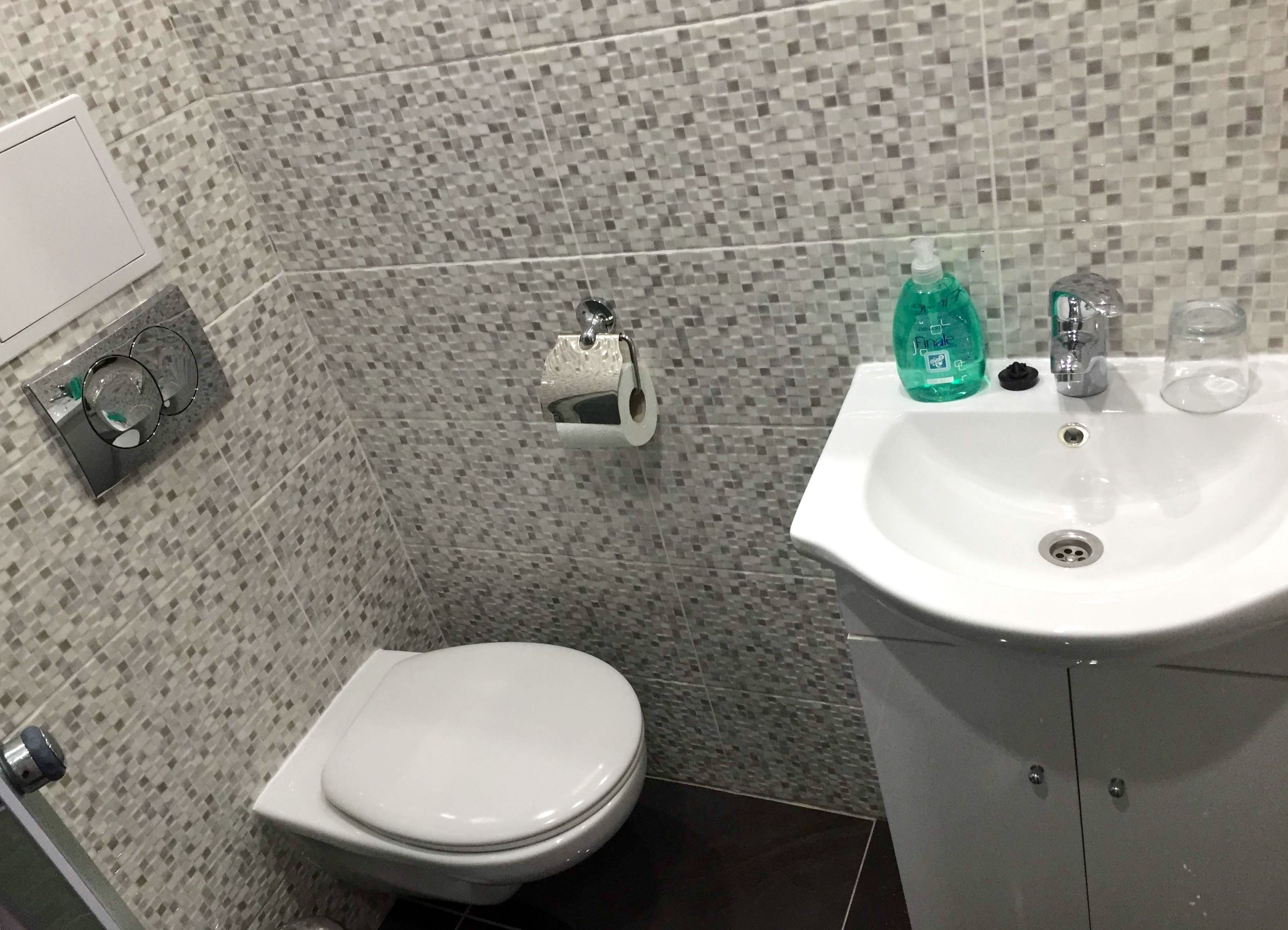 A bathroom with a white toilet, a sink with a mirror, and a toilet paper holder.