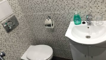 A bathroom with a white toilet, a sink with a mirror, and a toilet paper holder.