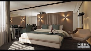 A modern hotel room with a large bed, a desk, and a chair. -  Majura Hotel (Izmir)