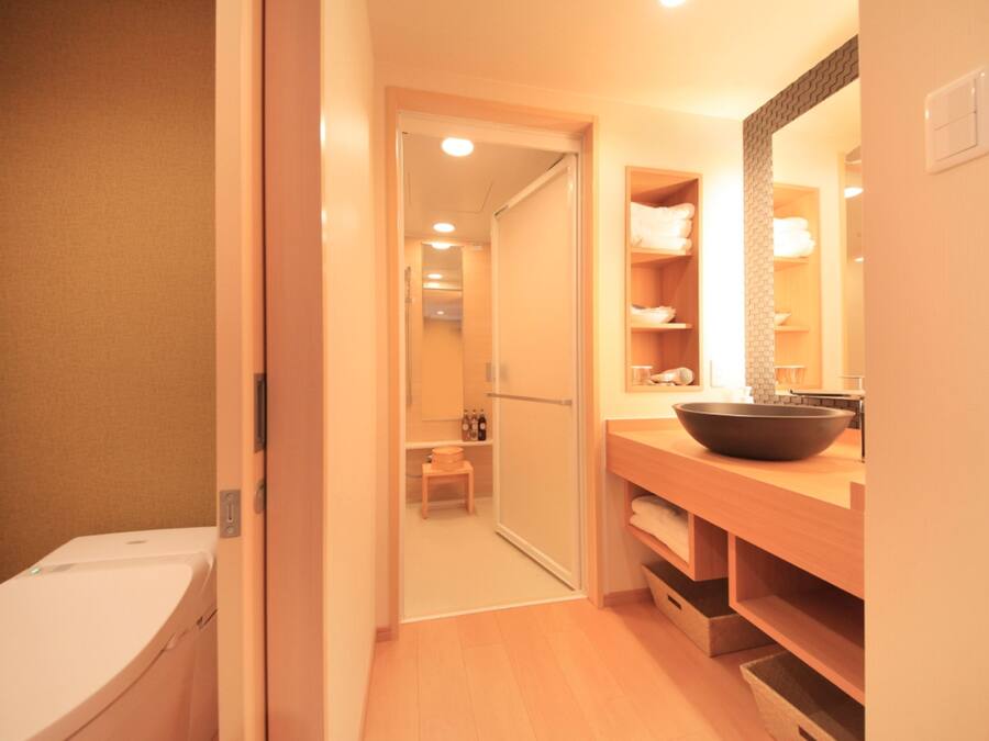A modern bathroom with a toilet, a sink with a large basin, and a mirror above the sink.