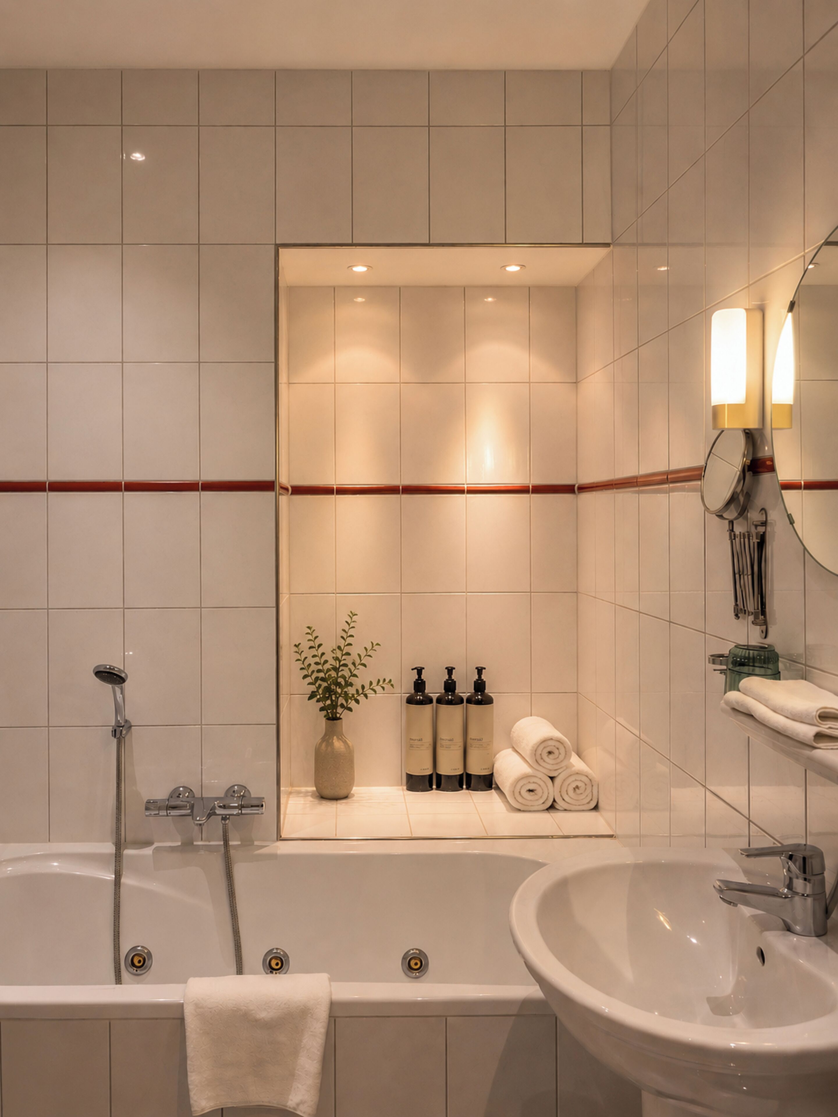 A modern bathroom with a bathtub, a sink, and a mirror. There is a shelf with toiletries and towels.