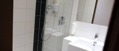 A modern bathroom with a glass-enclosed shower, a white sink, and a mirror.