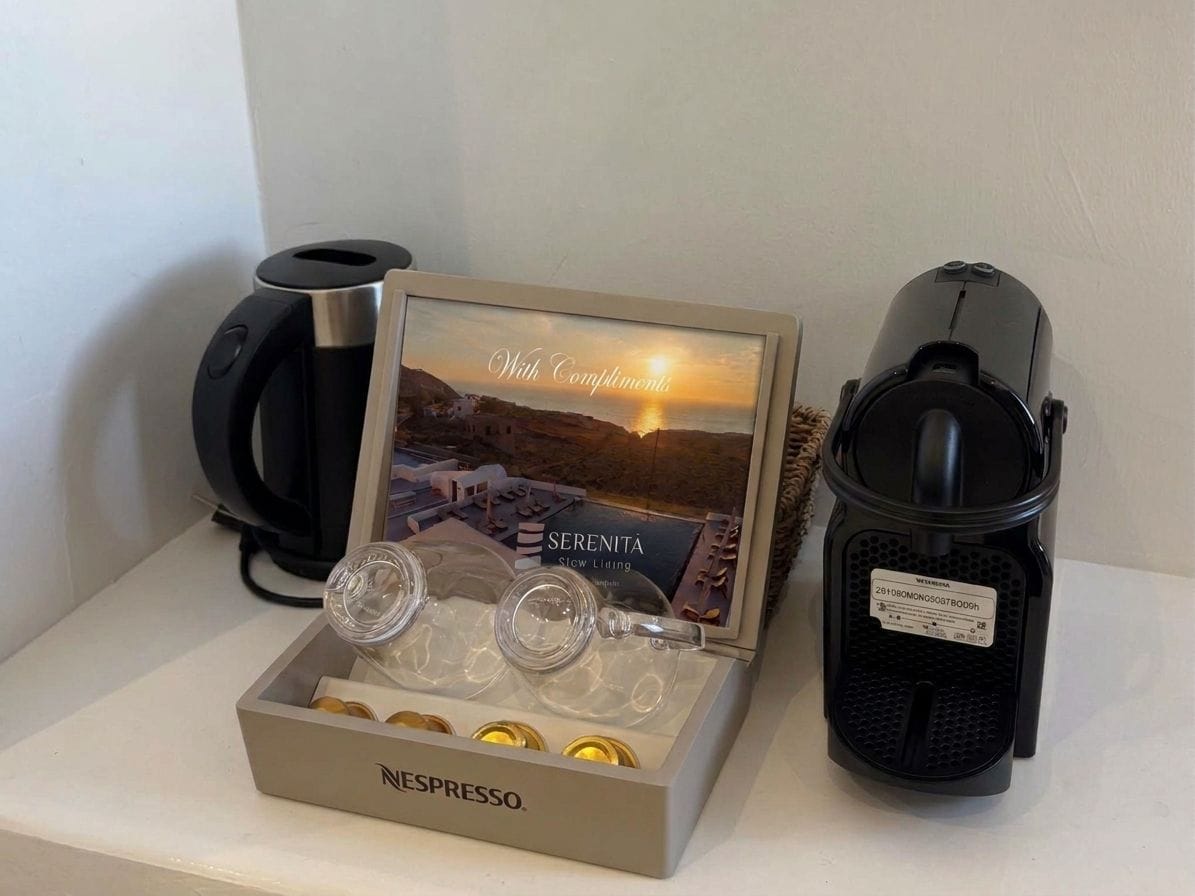 A Nespresso coffee machine, a box of Nespresso capsules, and a framed picture with the text 'With Compliments.'