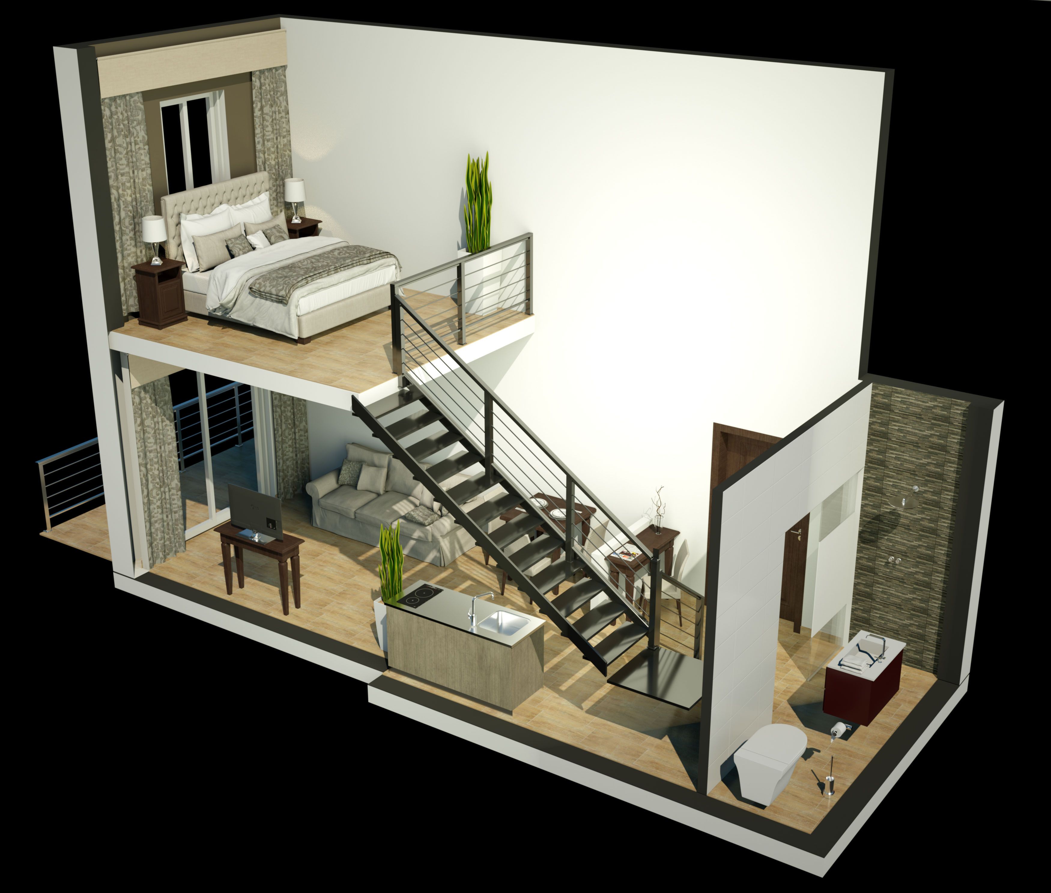 Un appartement moderne comprenant une chambre, un salon, une cuisine et une salle de bain. Il est doté d’un escalier qui relie les deux étages.