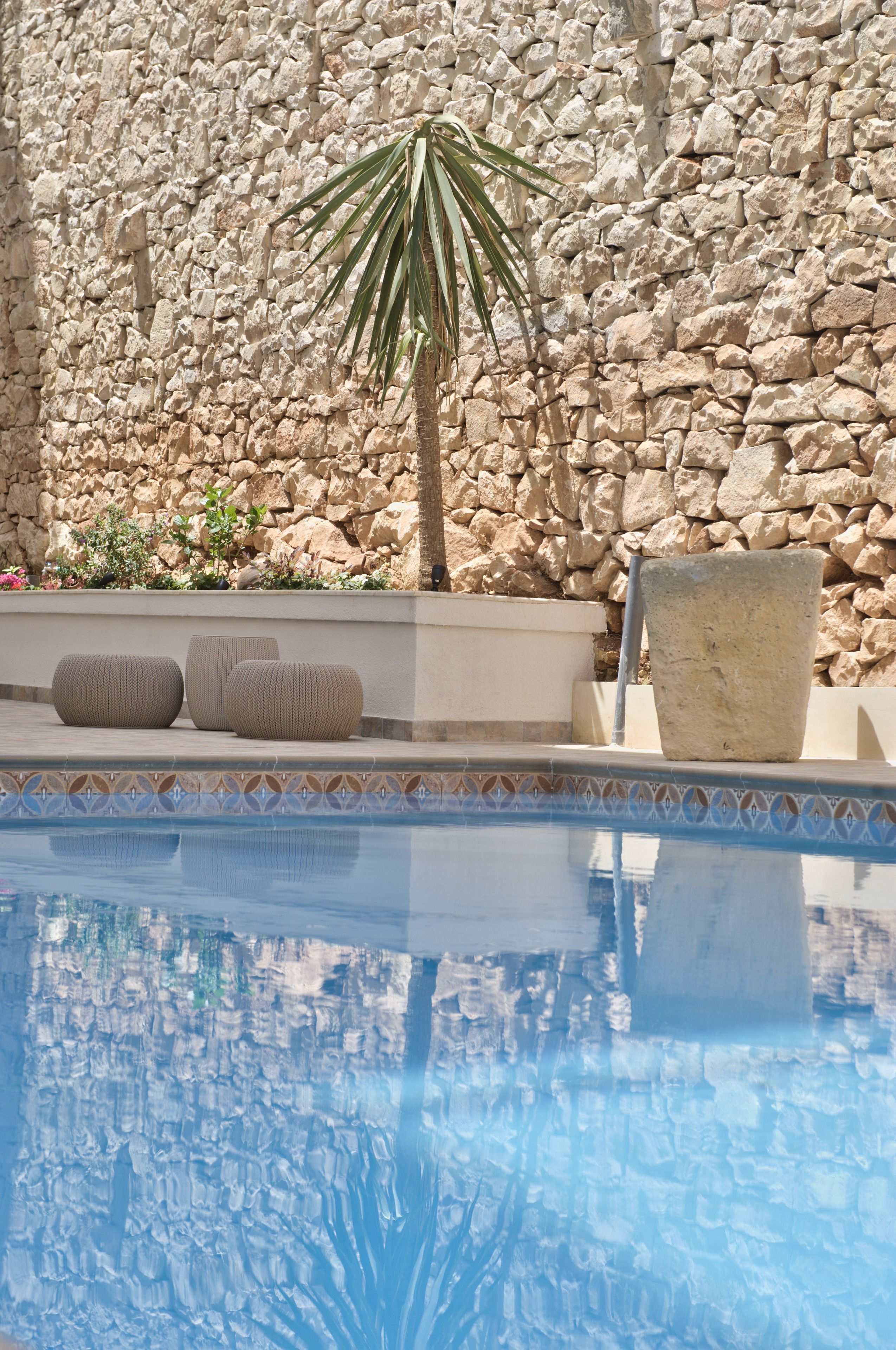 A pool area with a stone wall, a palm tree, and three round seating cushions.