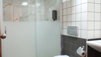 A modern bathroom with a glass shower enclosure, a white toilet, and a sink with a mirror.