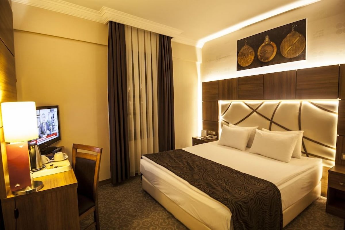 Una habitación de hotel con cama, escritorio con televisor, silla y mesita de noche.