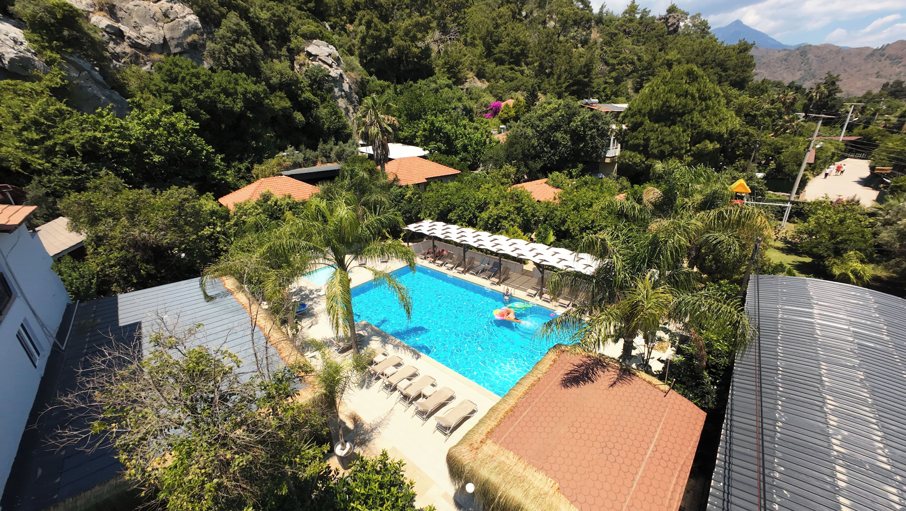 Outdoor pool, pool umbrellas, pool loungers
