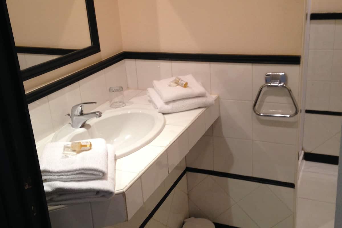 rainfall showerhead, free toiletries, hair dryer, towels