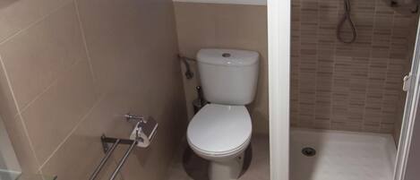Un bagno con un WC, una doccia e un lavandino chiuso con vetro.