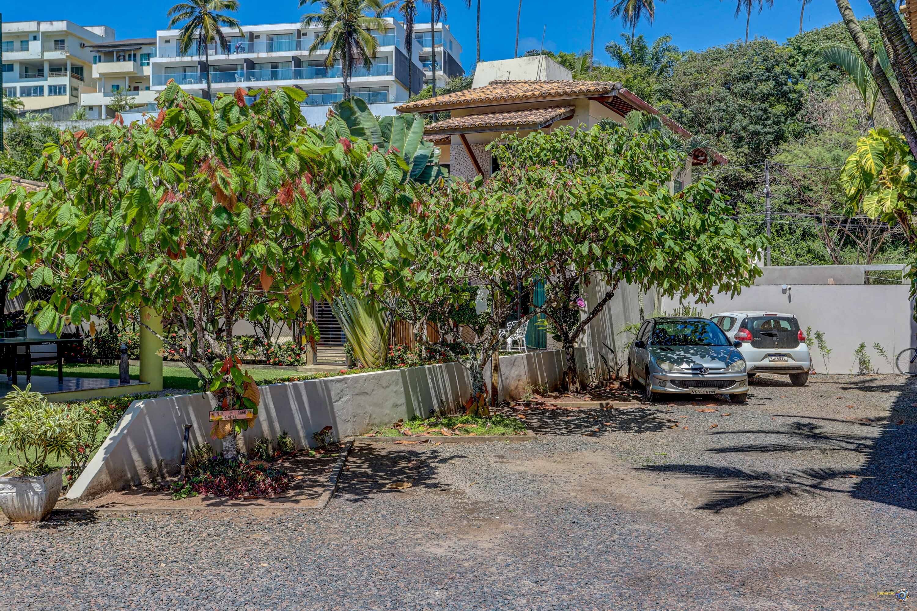 A residential area with a house, parked cars, and a garden with various plants.