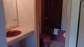 A bathroom with a red sink, a toilet, and a shower area.