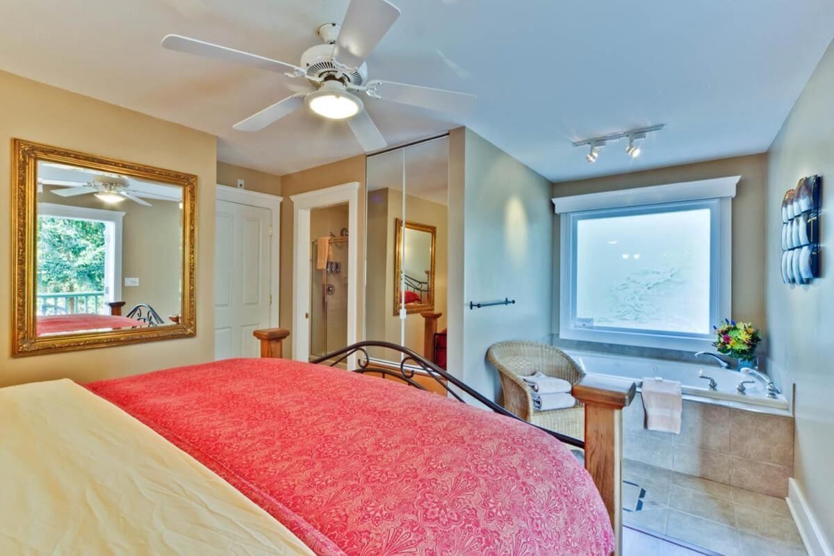 A hotel room with a bed, a ceiling fan, a large window, a bathroom with a bathtub, and a mirror.