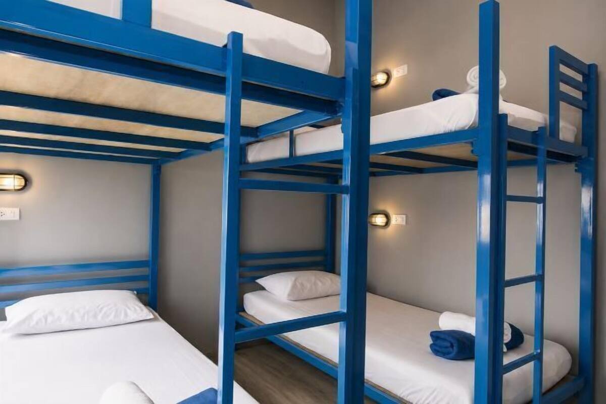 A bunk bed room with a ladder, white bedding, and wall-mounted lights.