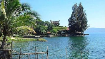 A serene lakeside setting with a wooden dock, a palm tree, and a traditional gazebo.