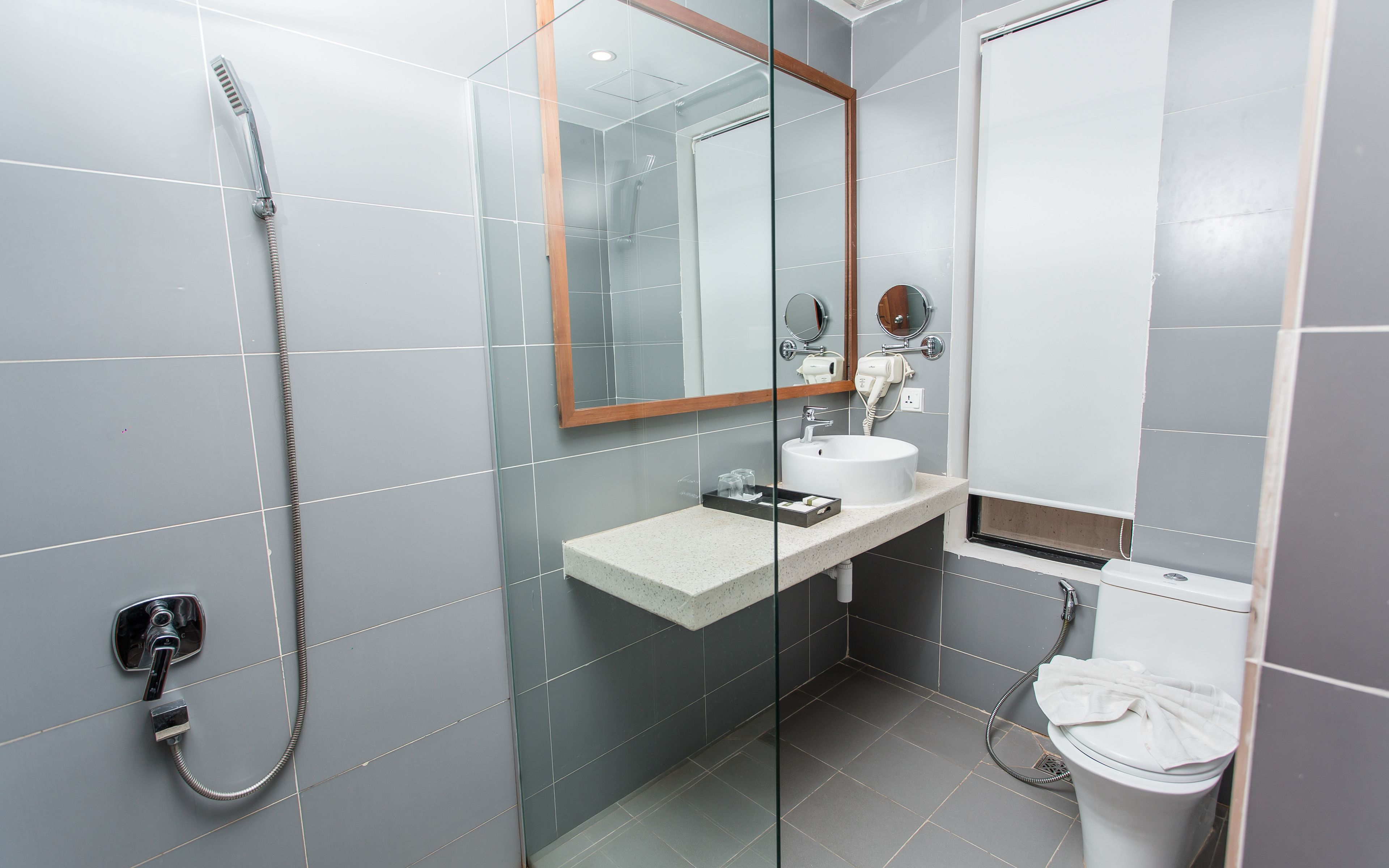 A modern bathroom with a glass shower enclosure, a sink with a mirror, and a toilet.