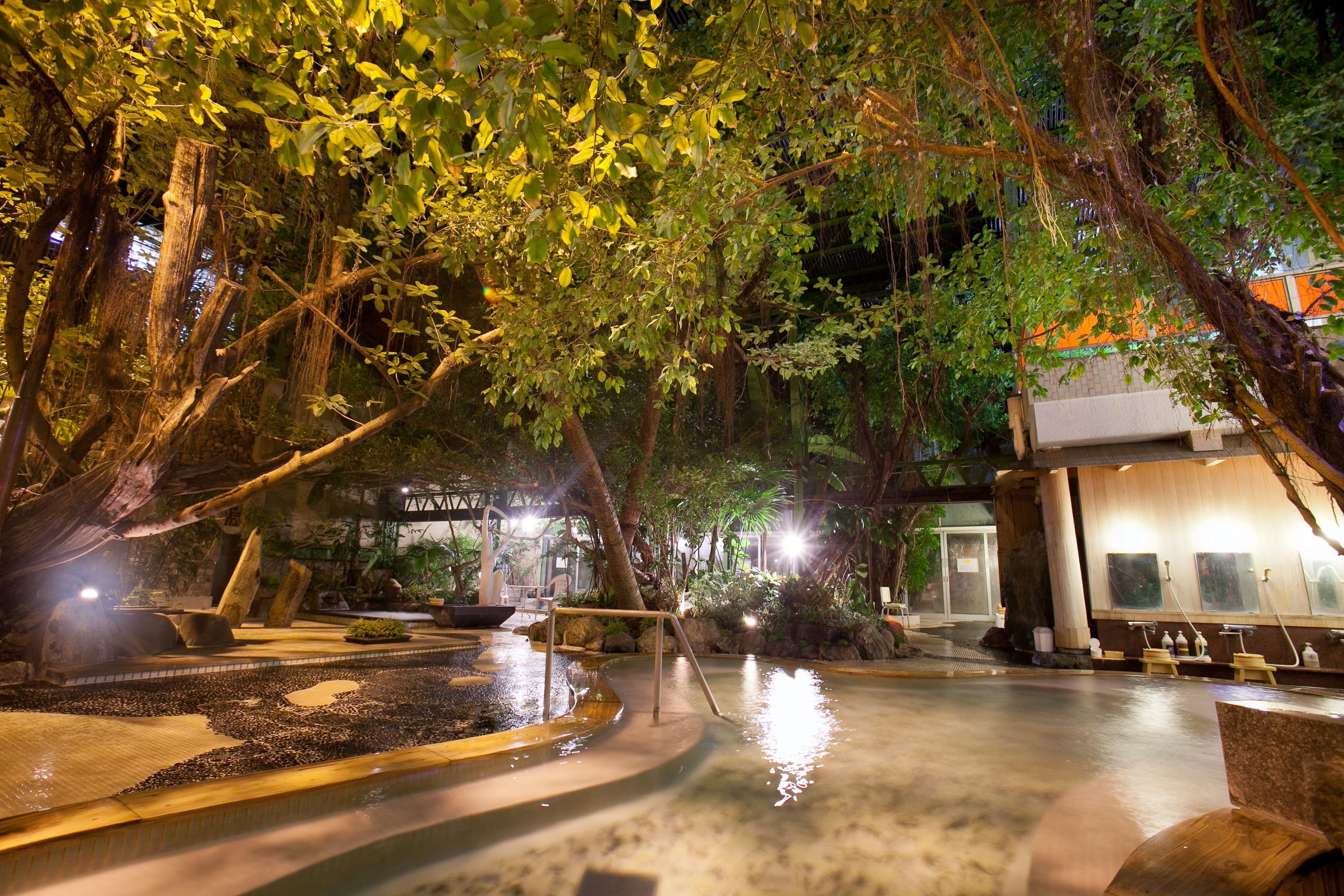 Un espacio exterior nocturno con fuente de agua, árboles y un edificio con un letrero.