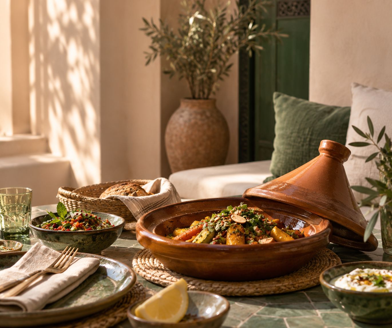 Une table à manger avec un tajine marocain traditionnel, un saladier rempli de salade et un verre d’eau.