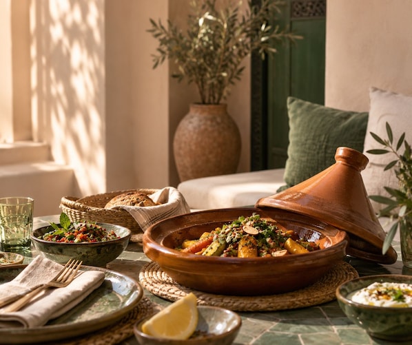 Una mesa de comedor con un tajín marroquí tradicional, un tazón de ensalada y un vaso de agua.