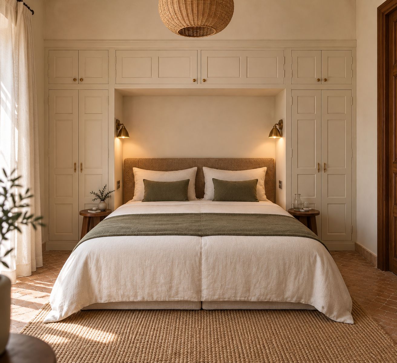 A bedroom with a large bed, two bedside tables, a hanging light fixture, and a wardrobe with multiple doors.