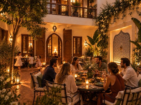 An outdoor dining area with a stone floor, wooden furniture, and warm lighting.
