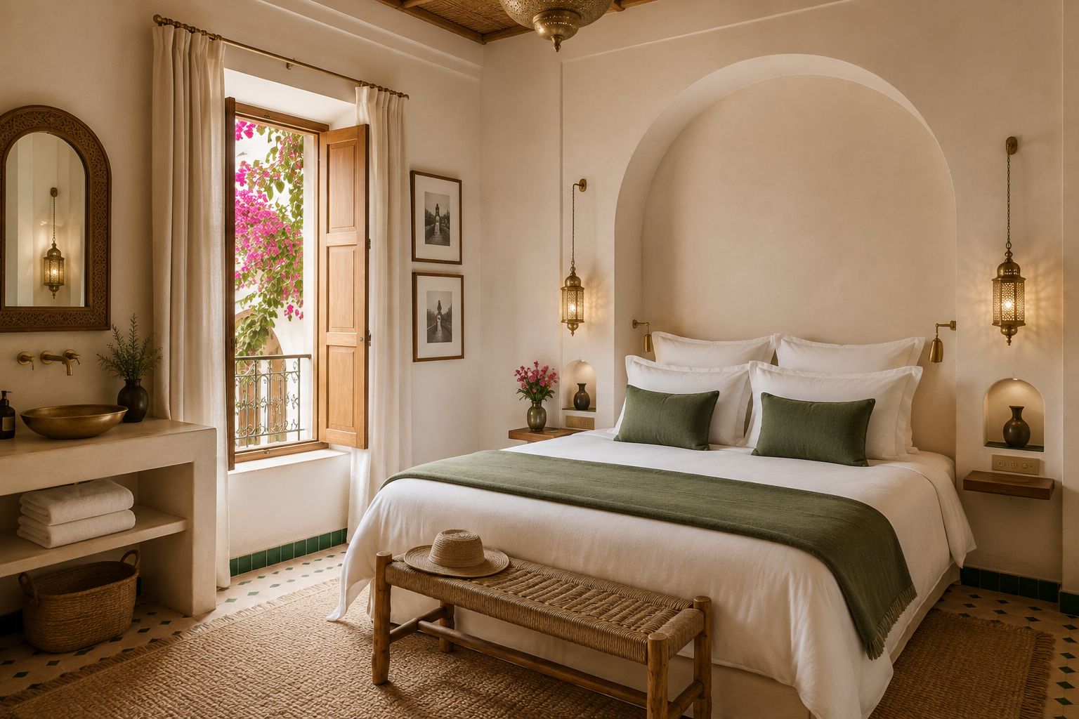 A bedroom with a large bed, a bedside table, a nightstand, a window with curtains, a mirror, and wall-mounted lights.