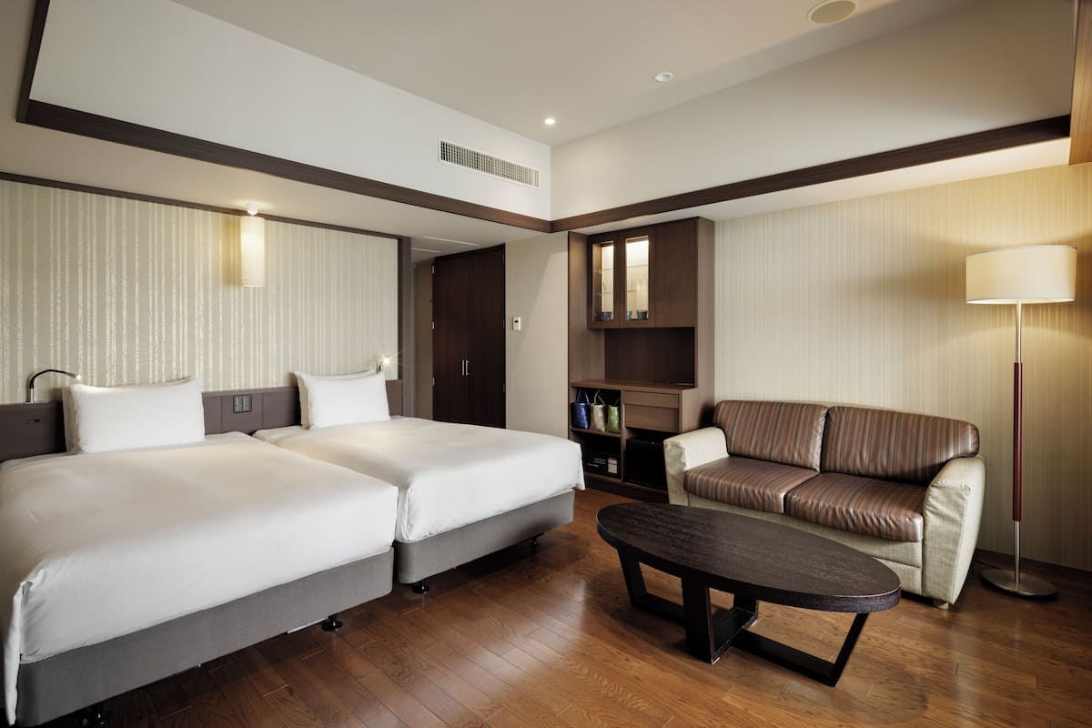 Main Building, Premier Twin Room with Private Open Air Bath, Non-Smoking | In-room safe, desk, laptop workspace, iron/ironing board