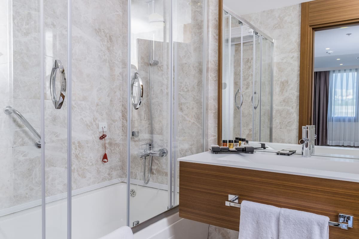 shower, free toiletries, hair dryer, slippers