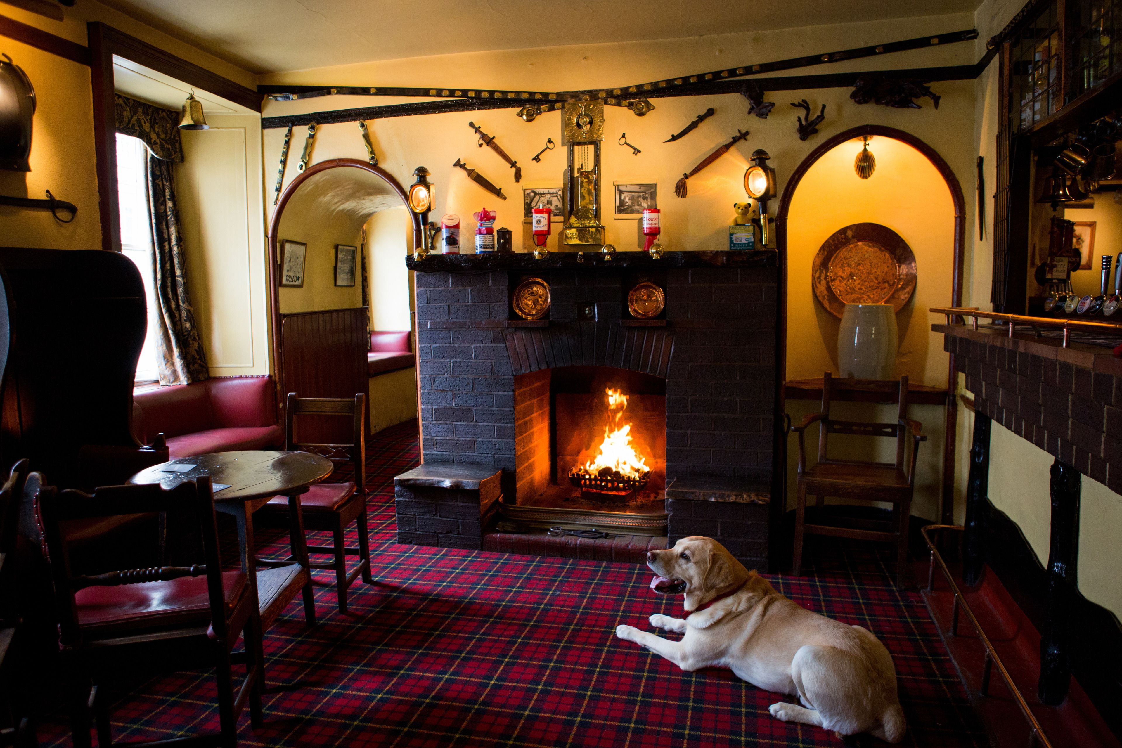 Een gezellig pub interieur met een open haard, ruitjes vloerkleed en een hond die op de vloer ligt.