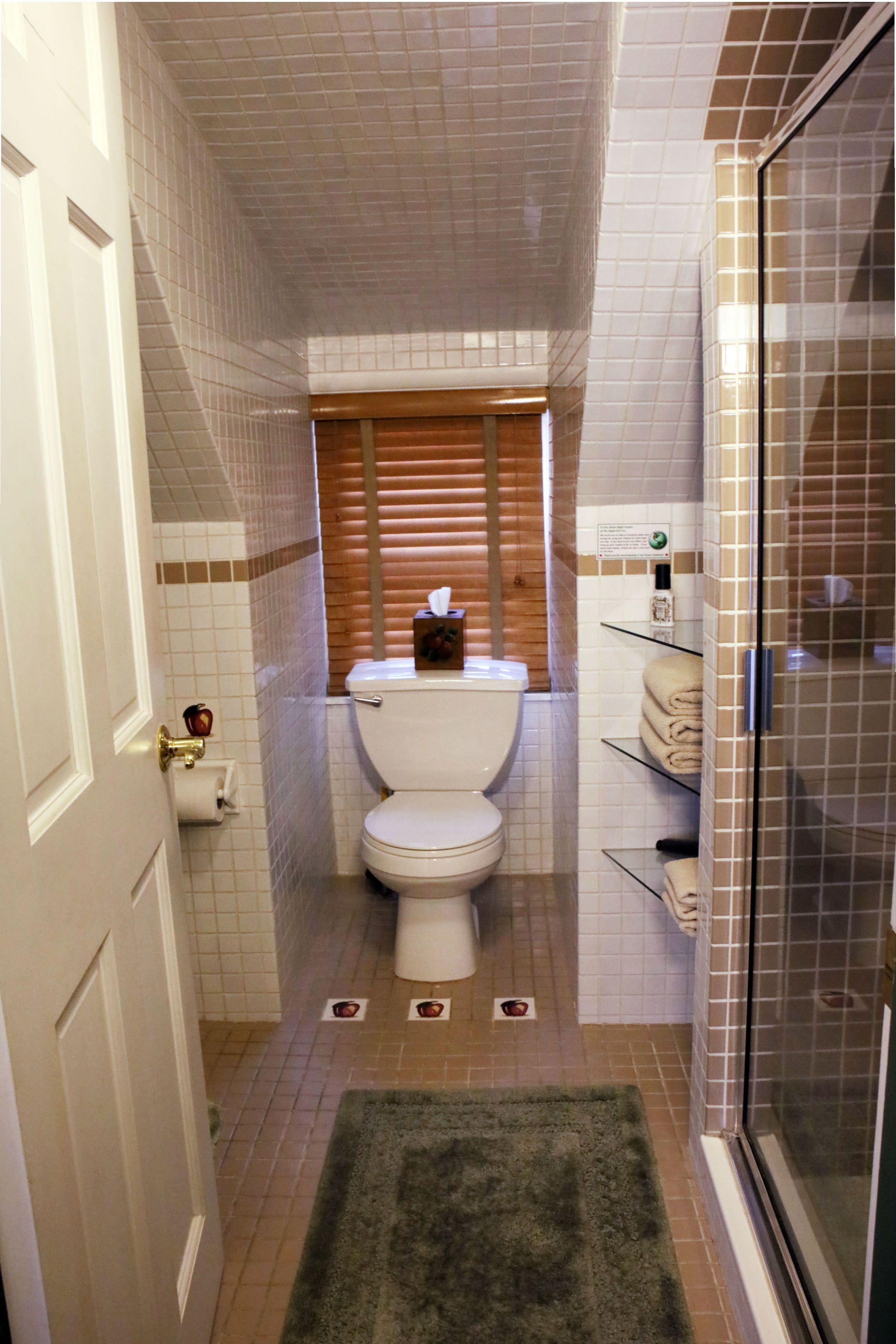 A compact bathroom with a toilet, a shower area, and a small shelf with towels.