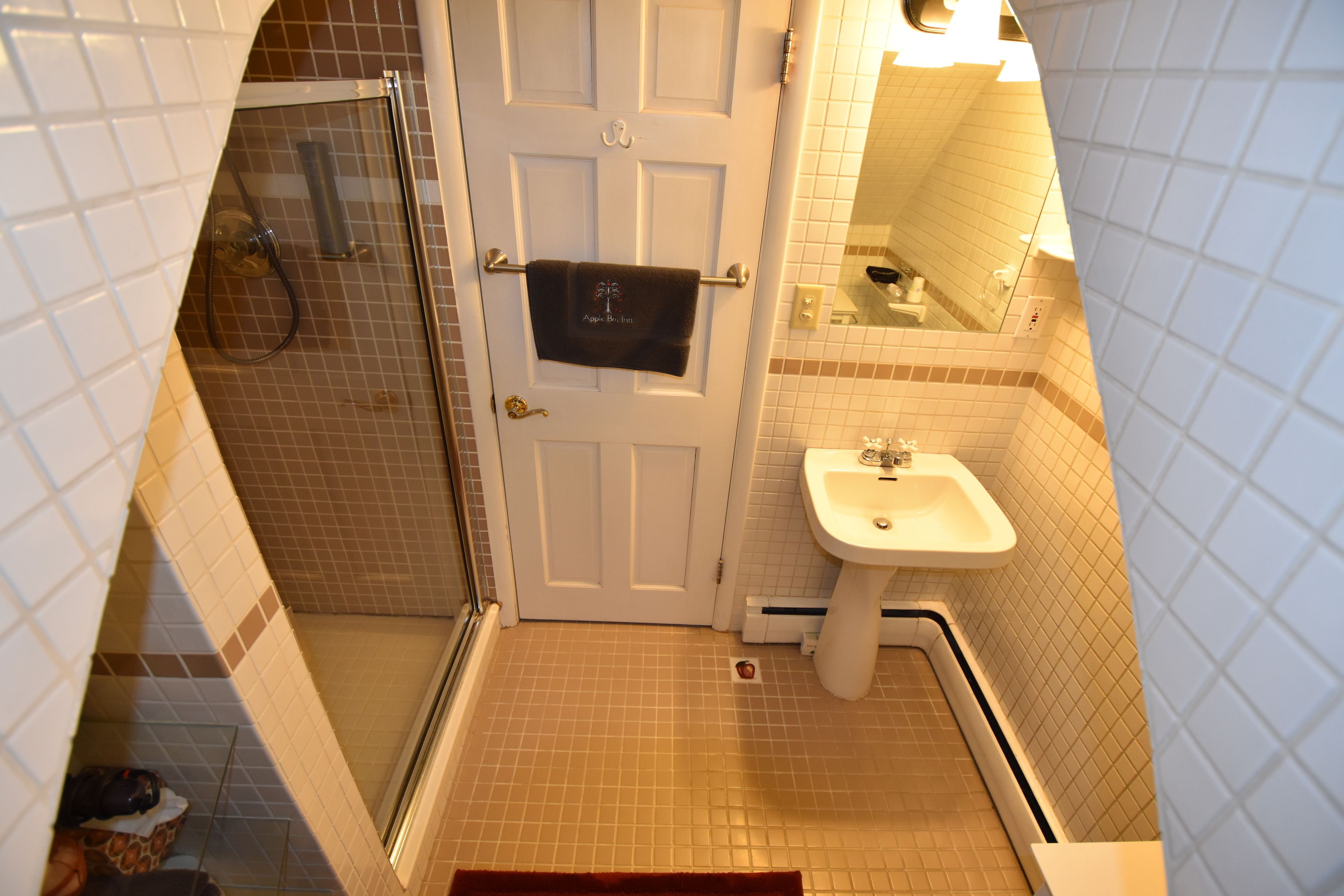 A bathroom with a shower, a sink, and a towel hanging on the door.