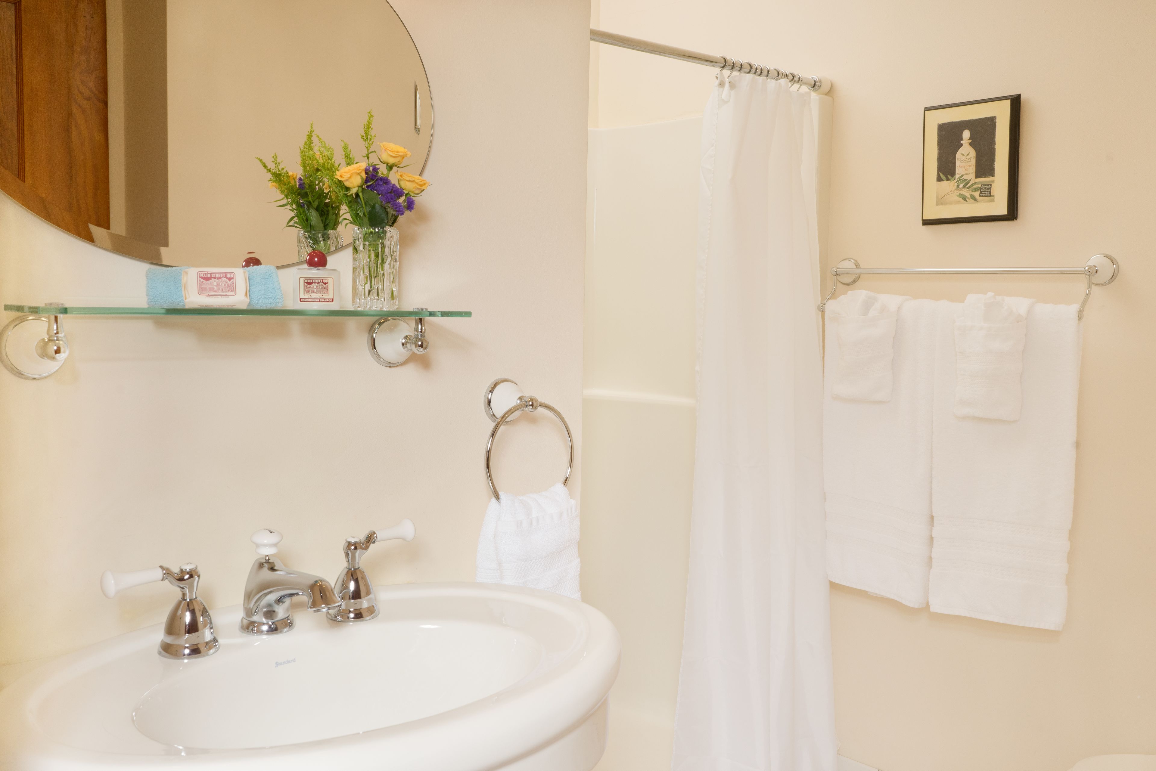 Une salle de bain avec un lavabo, un miroir et un rideau de douche.