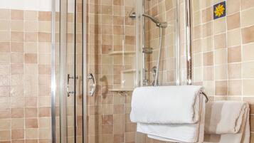 A glass-enclosed shower stall with a handheld showerhead and a wall-mounted towel rack.