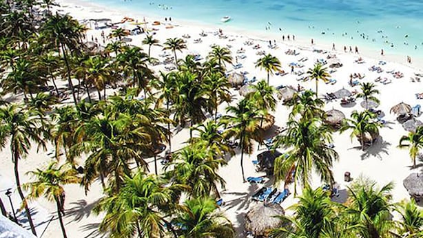 Une plage bordée de palmiers, un hôtel en arrière-plan et une eau d’un bleu limpide.