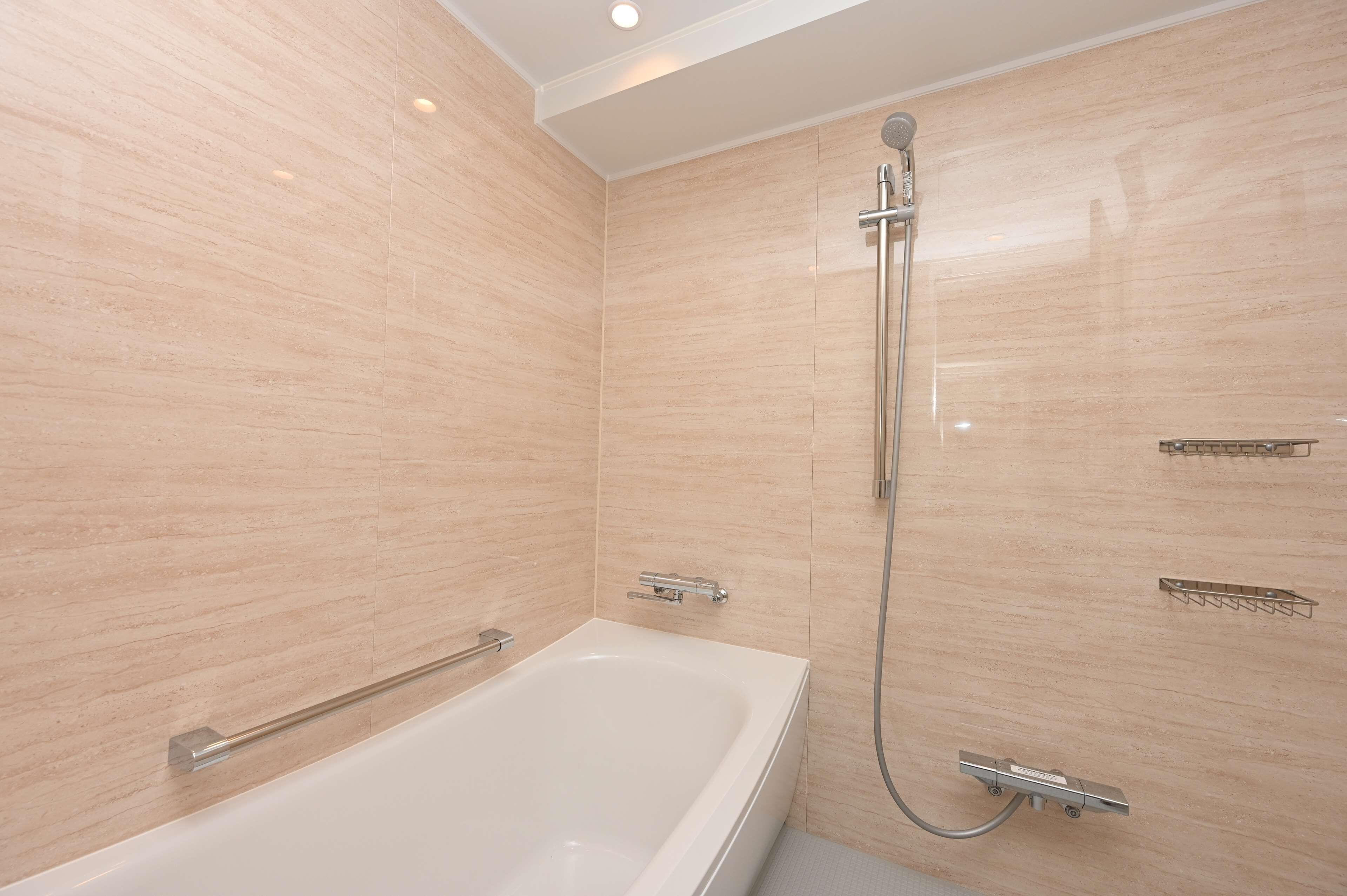 Ein modernes Badezimmer mit Badewanne, Dusche und Handlauf.
