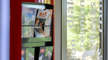 A vending machine with various travel brochures and a window with a view of greenery.