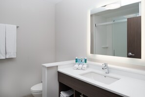 A modern bathroom with a white sink, a large mirror, and a towel rack.