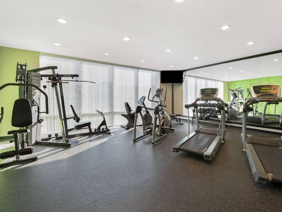 Un gimnasio con cintas de correr, máquinas de pesas y un espejo grande.