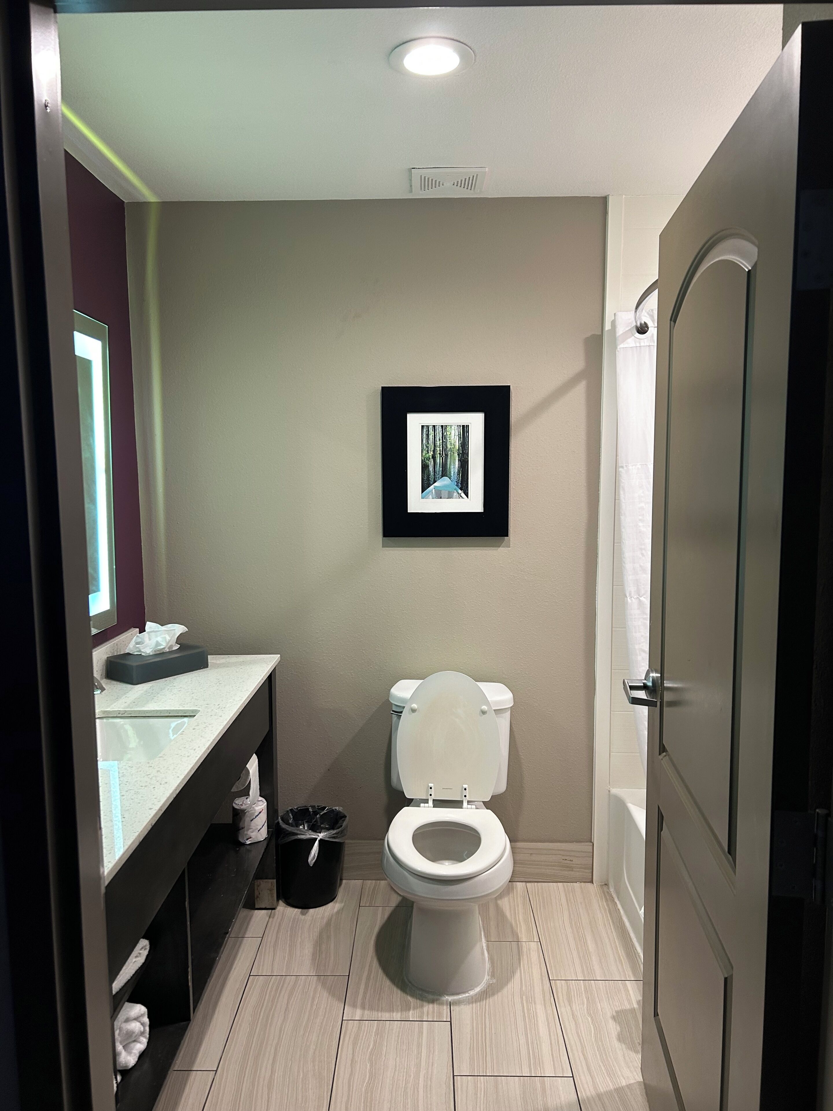 A modern bathroom with a toilet, sink, and framed picture on the wall.