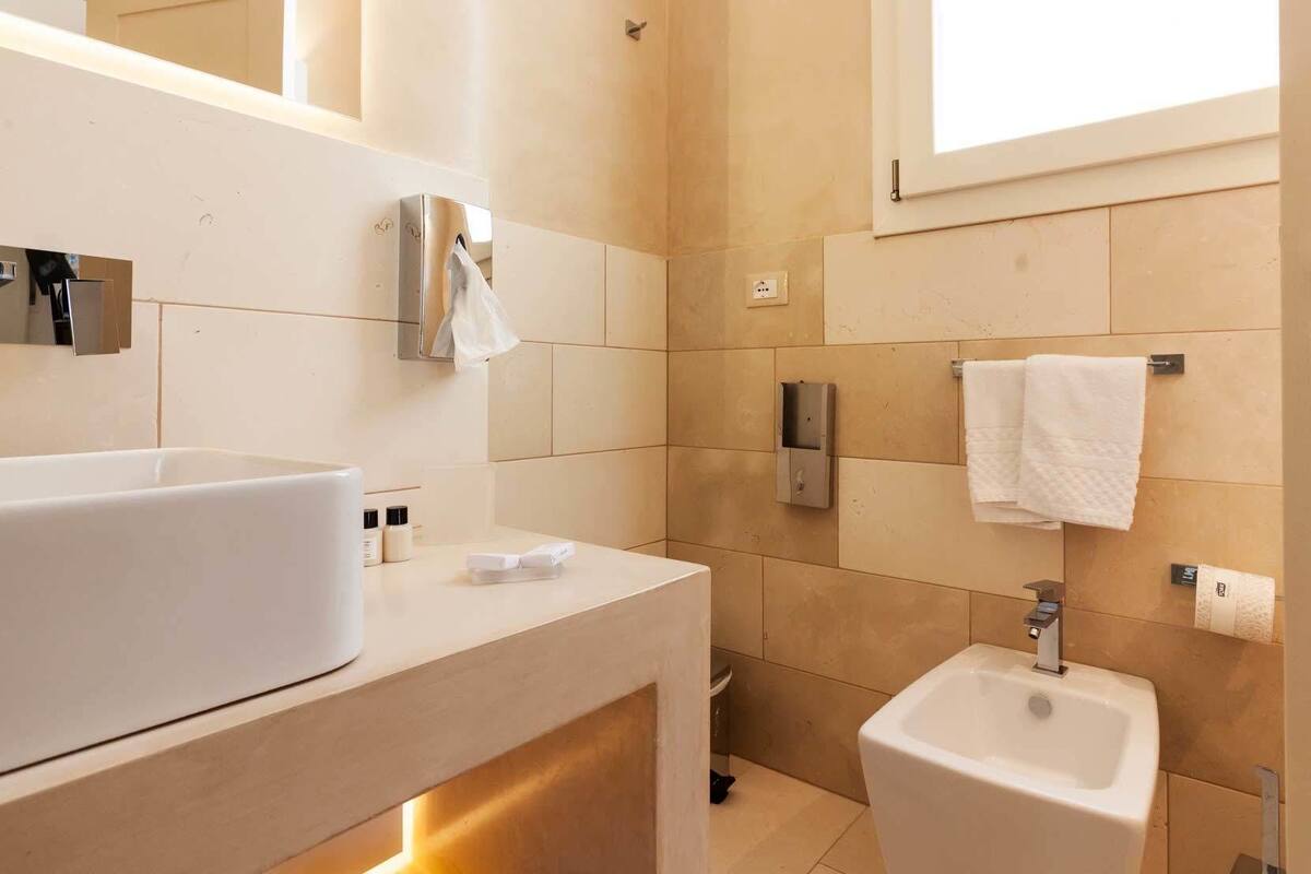 classic double room | bathroom | shower, rainfall showerhead, free toiletries, hair dryer