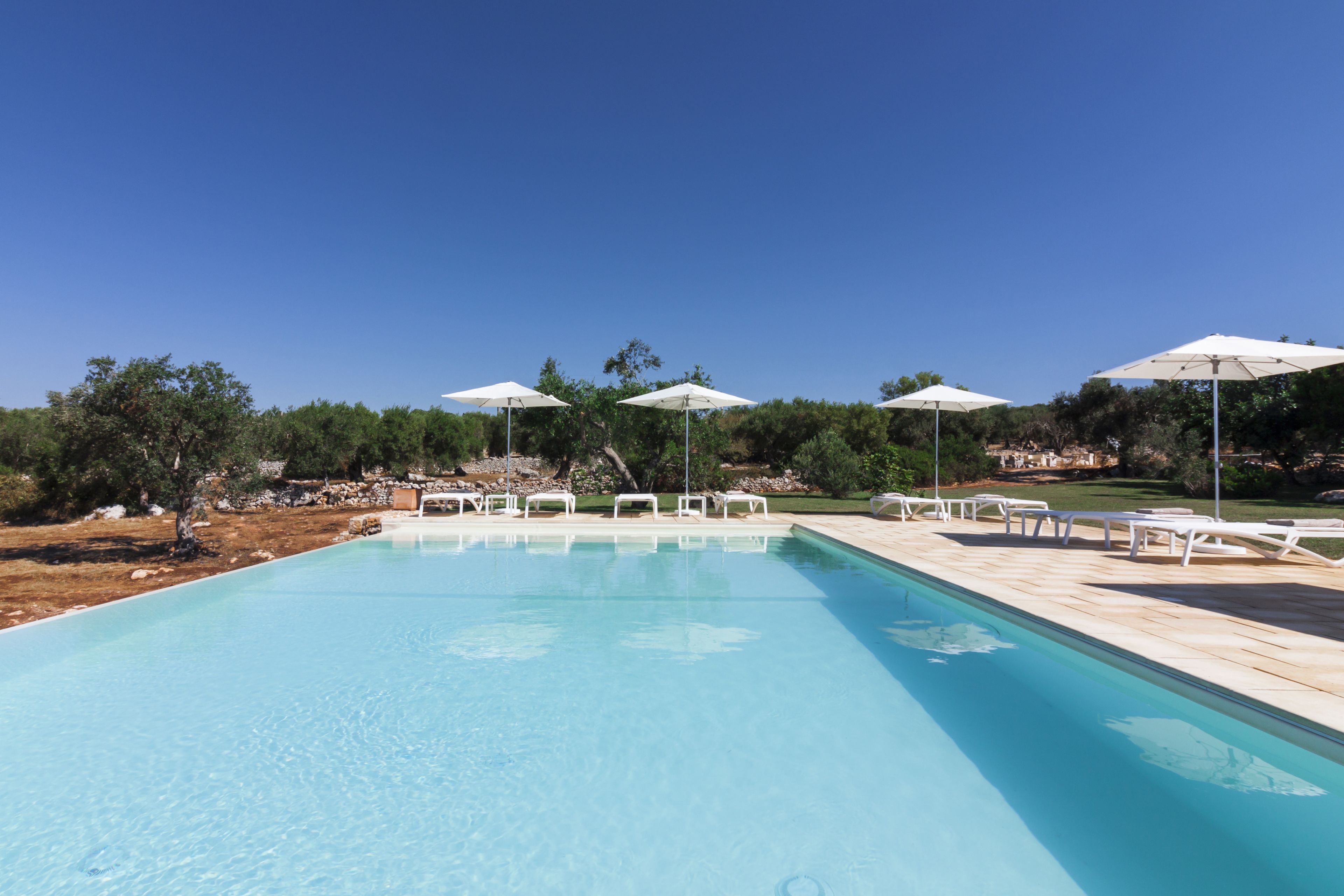 seasonal outdoor pool, pool umbrellas, pool loungers