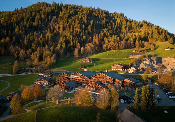A lodge with multiple buildings, a parking area, and a forested hillside in the background. - HUUS Gstaad (Saanen)