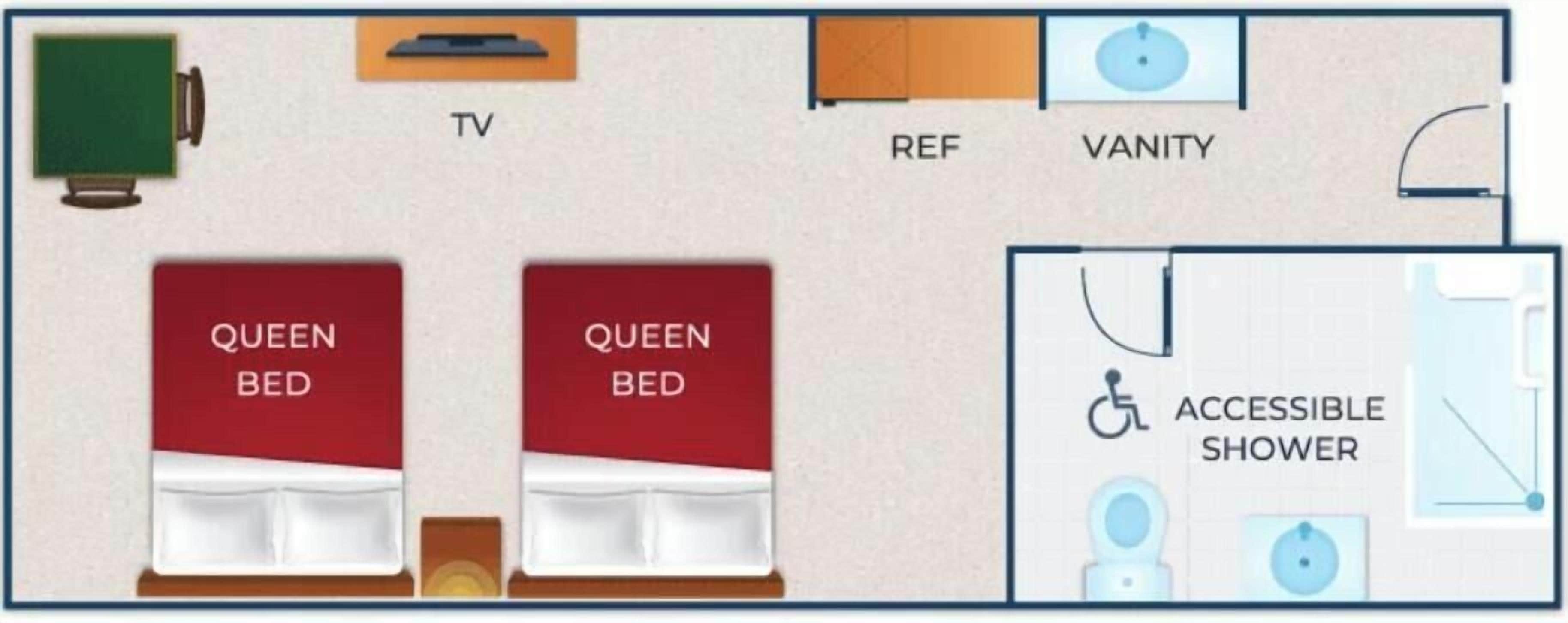 A hotel room layout with two queen beds, a TV, a vanity, and an accessible shower.