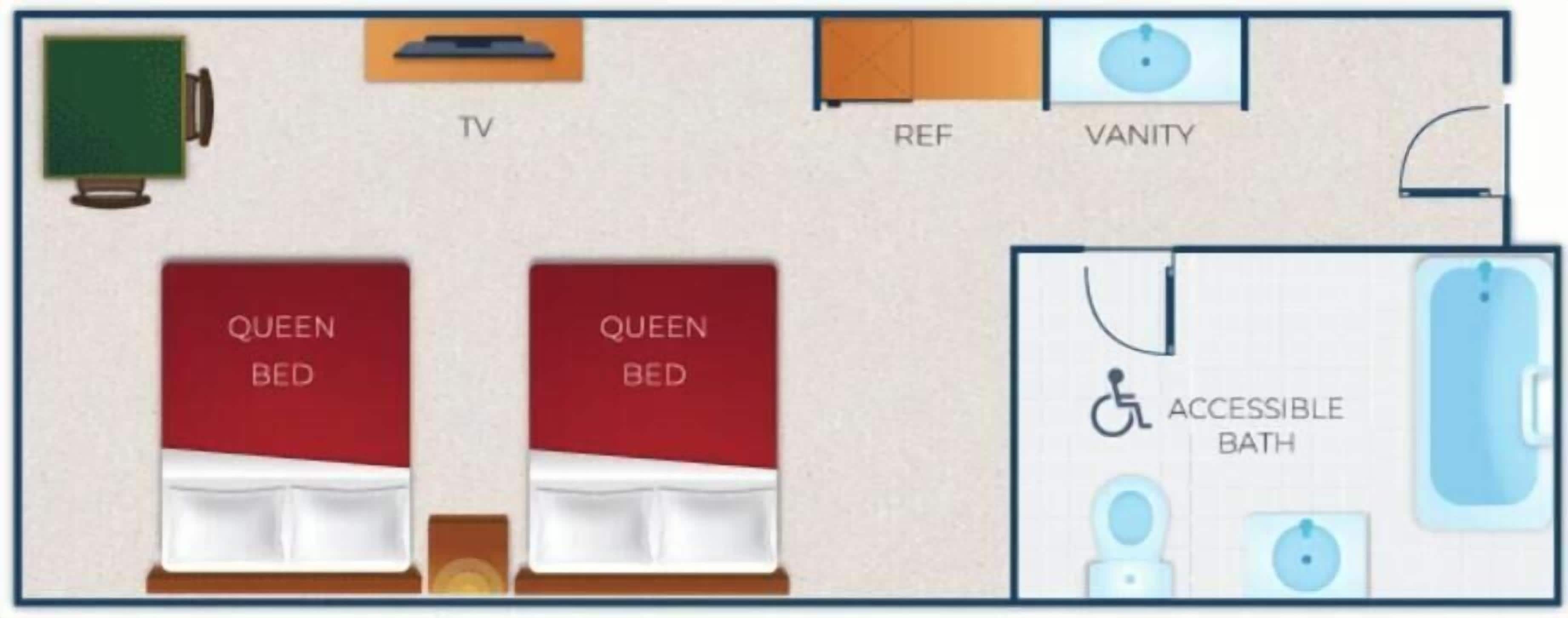 A hotel room layout with two queen beds, a TV, a vanity, and an accessible bathroom.