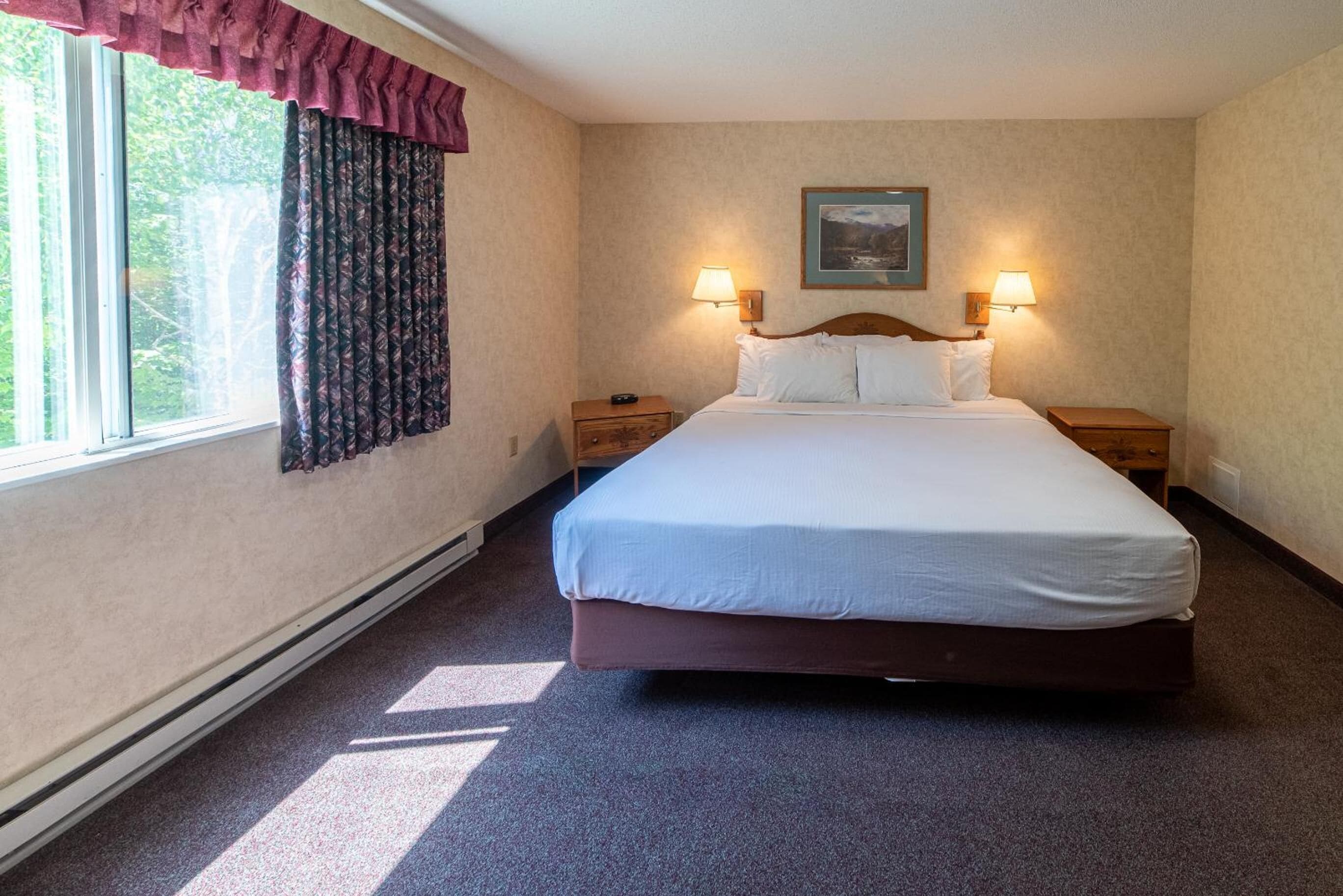 Habitación de hotel con una cama grande, dos mesitas de noche con lámparas, una ventana con cortinas y un cuadro en la pared.