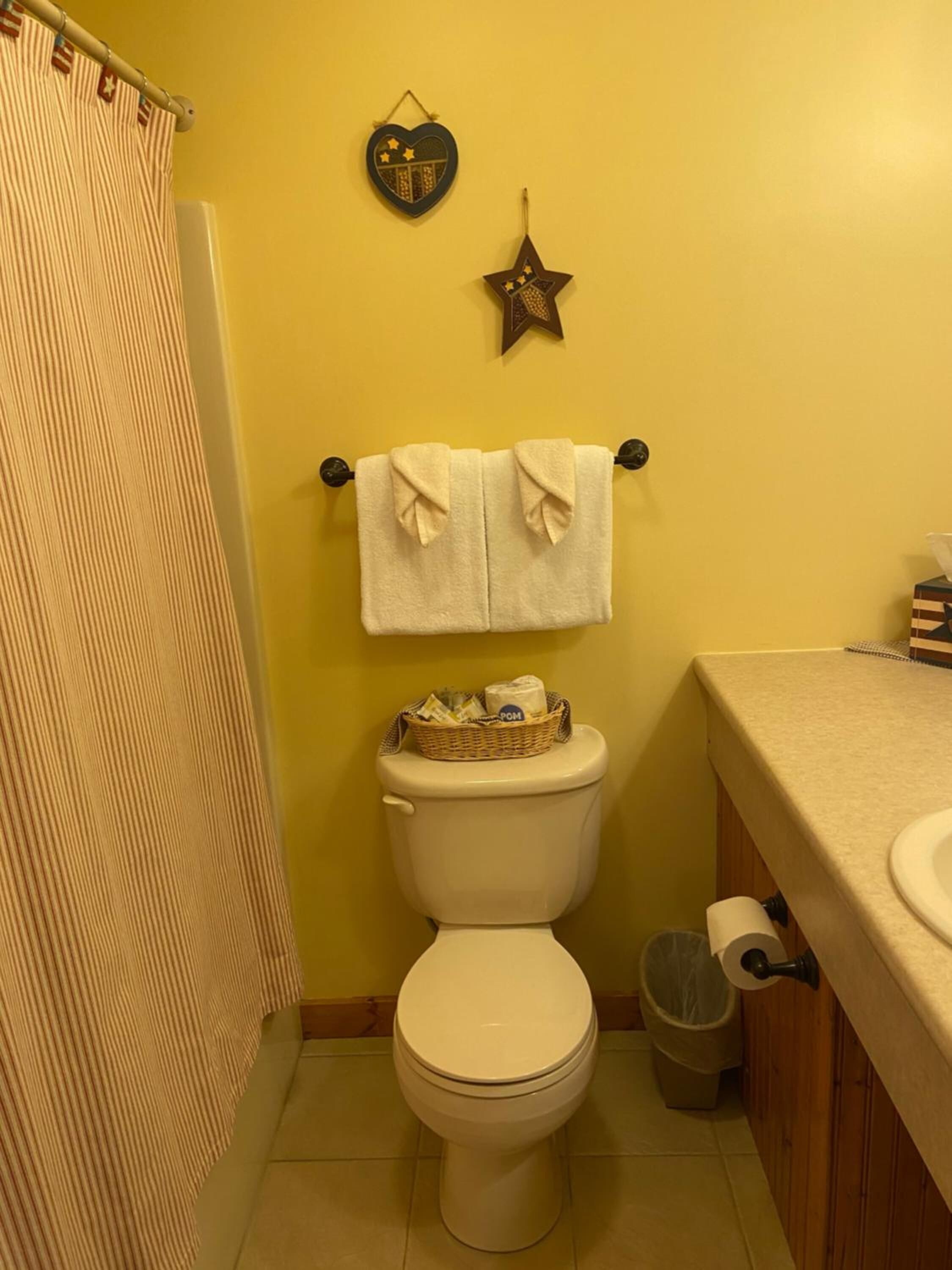 A bathroom with a toilet, a shower curtain, a towel rack with two towels, a star decoration, and a basket on the toilet tank.
