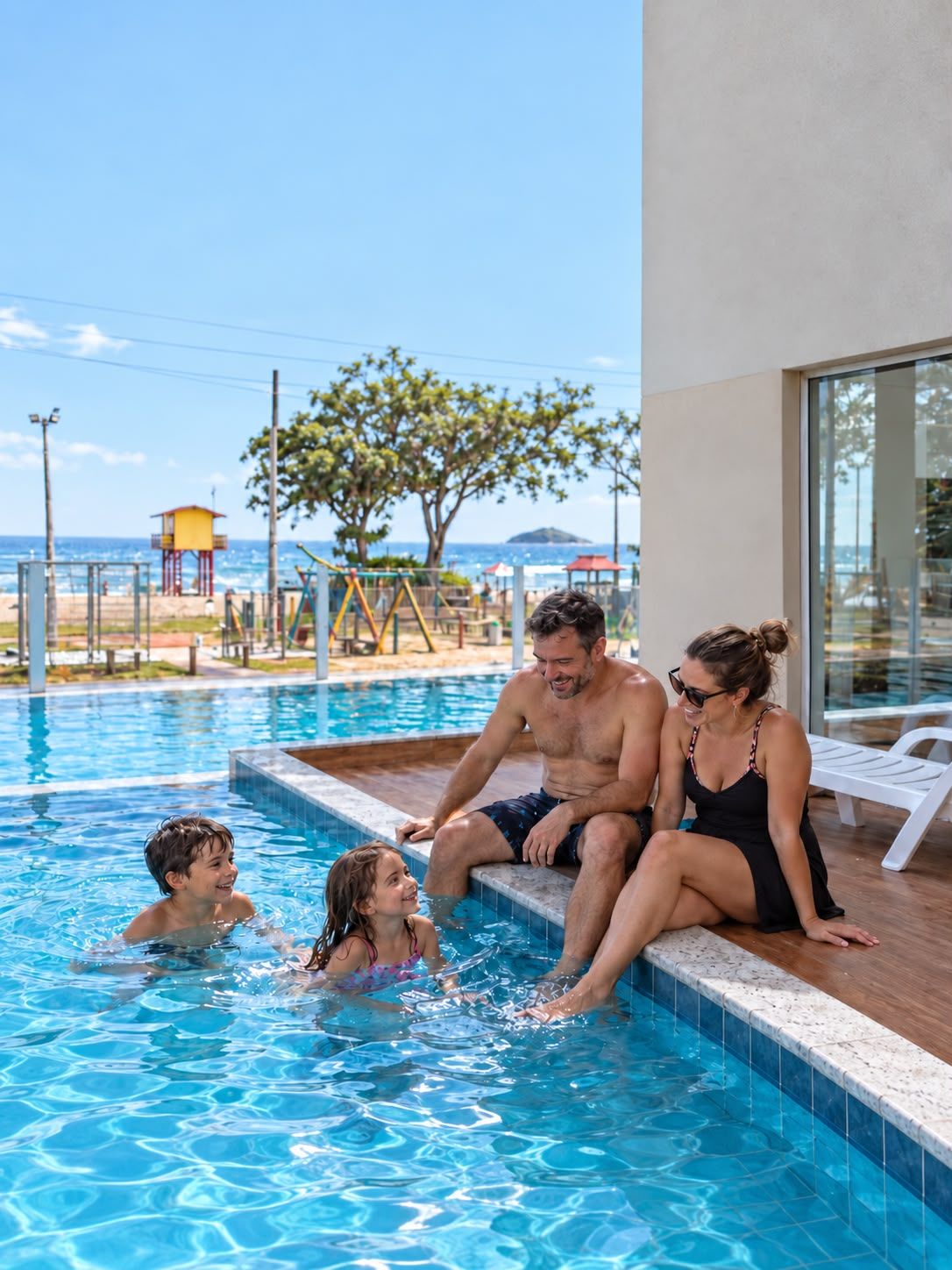 Une piscine offrant une vue dégagée sur l’océan, un poste de surveillance pour les sauveteurs et une zone de plage aménagée avec des parasols.